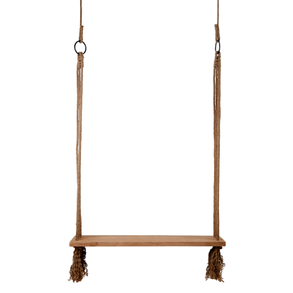 Silla hamaca étnica en madera de mango marrón claro con cuerdas de yute y anillas de hierro.