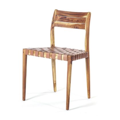Silla Len Madera Teca Piel Marrón, 52 Cm