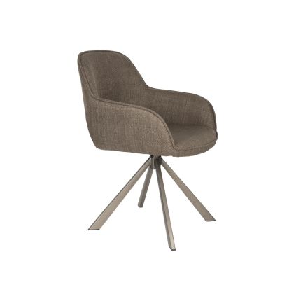 Silla moderna tapizada en tejido marrón gris con patas de hierro gris.