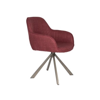 Silla moderna tapizada en tejido rojo con patas de hierro gris.