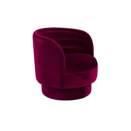 Sillón mid-century en madera de eucalipto tapizado en algodón tipo terciopelo rojo.