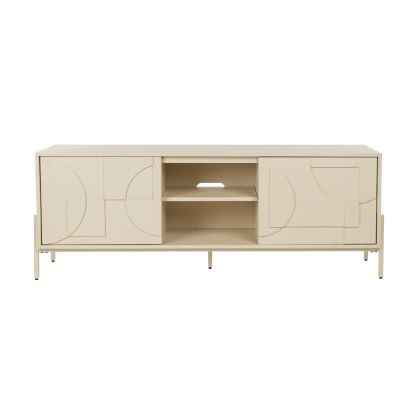 Mueble de TV nórdico 2 puertas en madera de roble y acero beige.