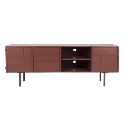 Mueble de TV industrial en hierro rojo óxido con 2 estantes abiertos.