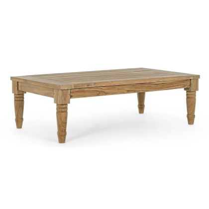 Mesa de centro rectangular jardín nórdica en madera de teca natural con vetas visibles.