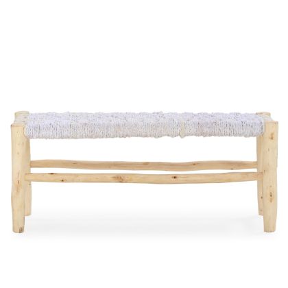 Banco o taburete estilo Nórdico en madera natural y esparto blanco.