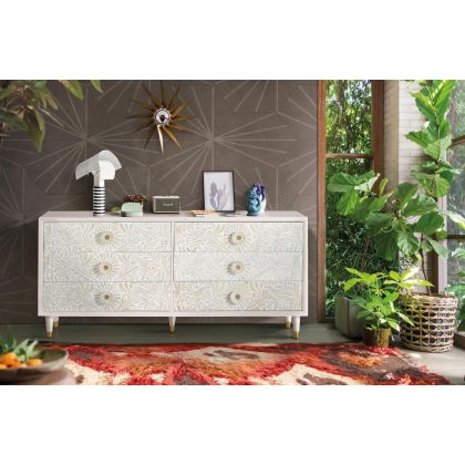 Comoda 6 cajones tallados Blanco, 170 Cm