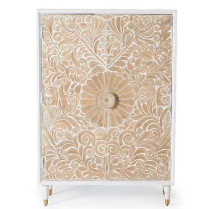 Armario Estilo Oriental Madera Mango Tallada Natural/ Blanco, 140 Cm