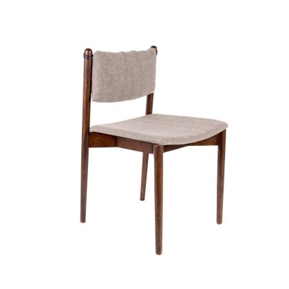 Silla mid-century en madera de acacia y contrachapada marrón tapizado en tela gris con espigas.