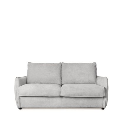 Sofá cama nórdico en estructura de metal, tapizado en tela color gris y con colchón viscoelástico.