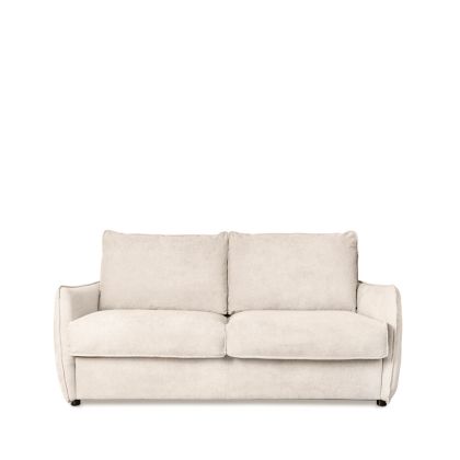 Sofá cama nórdico en estructura de metal, tapizado en tela color beige y con colchón viscoelástico.