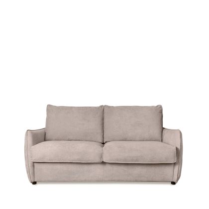 Sofá cama nórdico en estructura de metal, tapizado en tela color taupe y con colchón viscoelástico.
