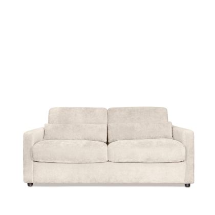 Sofá cama nórdico en estructura de metal, tapizado en tela color beige y con colchón viscoelástico.