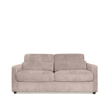 Sofá cama nórdico en estructura de metal, tapizado en tela color taupe y con colchón viscoelástico.