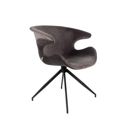 Silla moderna tapizada en tela gris de tacto suave con base de metal negro.