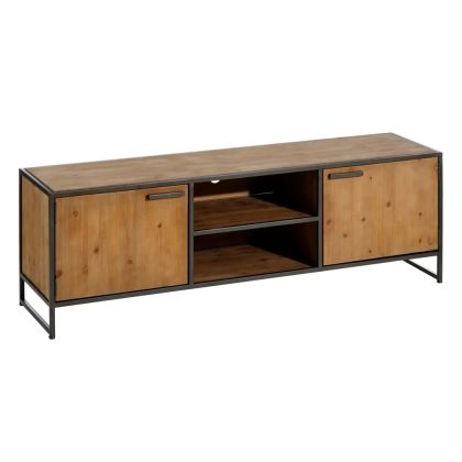 El mueble de televisión tiene dos puertas y tiene dos espacios de madera y metal.