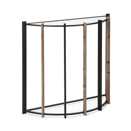 Consola industrial moderno con sobre de cristal y estructura de madera natural y metal negro.