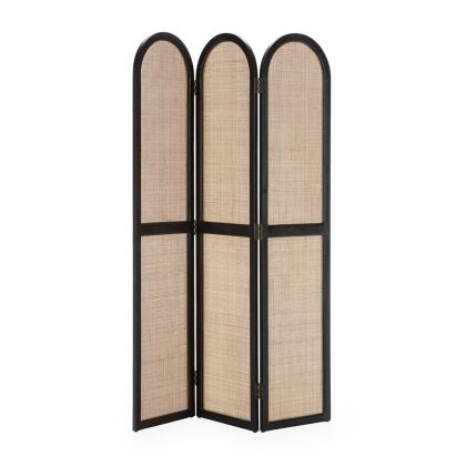 Room Divider 126x7.5x186.5 Fir Wood/Rattan -- Black/Natural