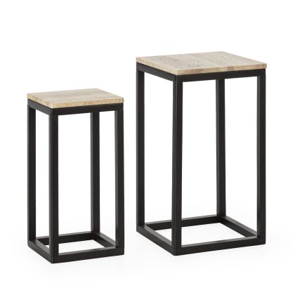 Set/2 Side Table 40x40x71/30x30x60 Fir Wood/Travertine Marble -- Black