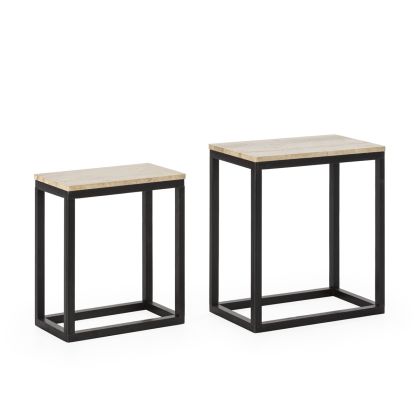 Set/2 Side Table 58x34x63/48x28x55 Fir Wood/Travertine Marble -- Black