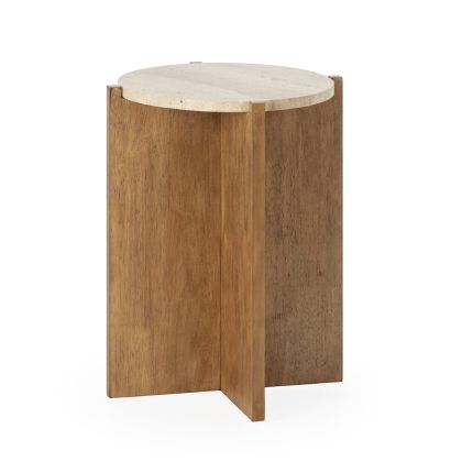Mesa Auxiliar 40x40x51 Madera de Pino/Mármol Travertino -- Natural