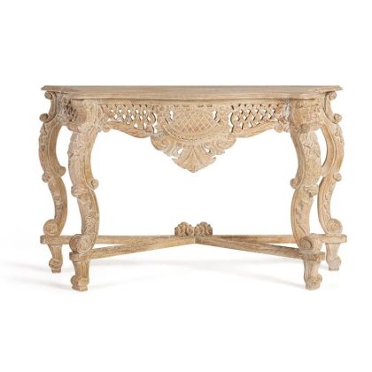 Consola Tallada Estilo Oriental Madera Mango Blanco Envejecido, 120 Cm