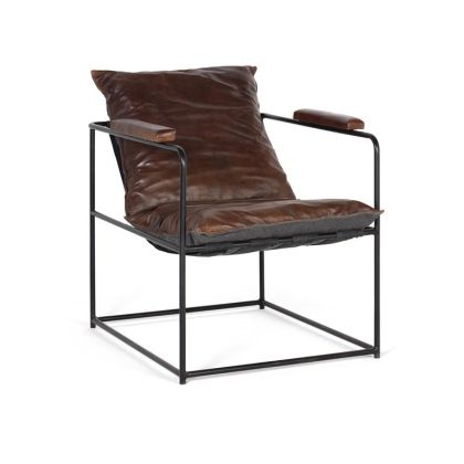 Sillón Piel Marrón Estructura Metal Negro Brazos, 82 Cm