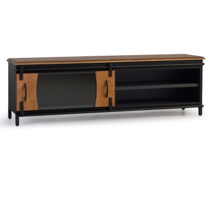 Mueble TV Puerta Corredera Estilo Industrial Madera Mango Natural Metal Negro, 160 Cm