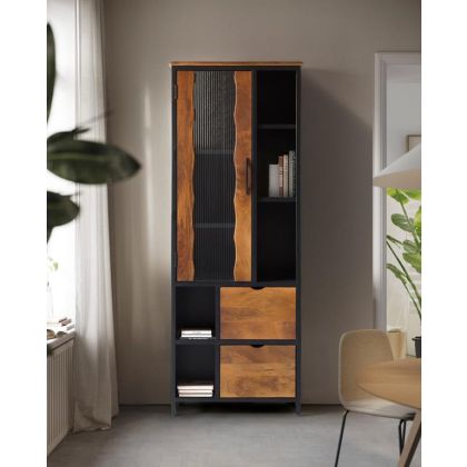 Vitrina Industrial 1 Puerta 2 Cajones Madera Mango Metal, 198 Cm