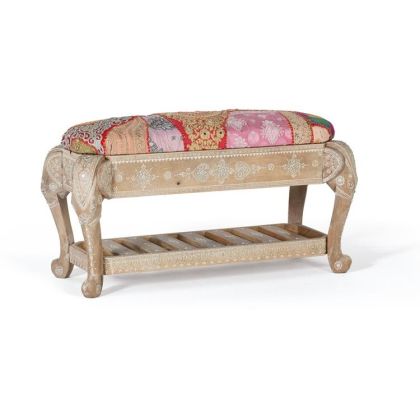 Banqueta vintage tejido multicolor madera decorada