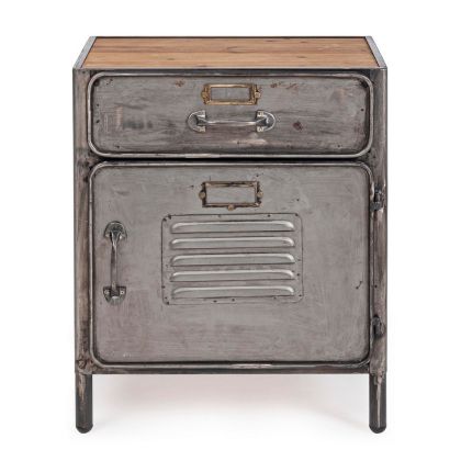 Mesita de Noche Taquilla Store Estilo Industrial Acero Barnizado Madera de Pino, 45 Cm