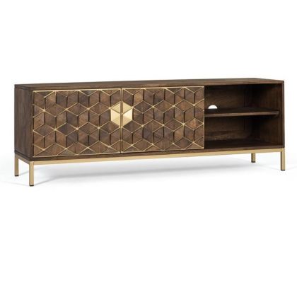 Mueble TV 2 Puertas Estilo Art Decó Madera Mango Color Nogal Metal Dorado, 145 Cm