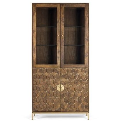 Vitrina 2 Puertas Estilo Art Decó Cristal Madera Mango Metal Color Nogal Dorado, 200 Cm