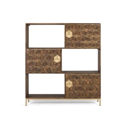 Estantería Estilo Art Decó Madera Mango Color Nogal Metal Dorado, 143 Cm