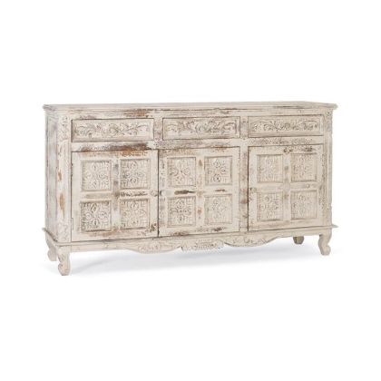 Aparador Estilo Oriental-Vintage Tallado Blanco Craquelado, 175 Cm