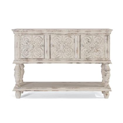 Consola Oriental Motivos Florales Madera Mango Blanco Envejecido, 148 Cm