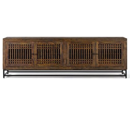 Mueble TV 4 Puertas Estilo Oriental Madera Acacia Base Metal, 200 Cm