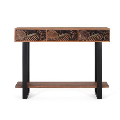 Consola 3 Cajones Acacia Natural Negro Tallado, 120 Cm