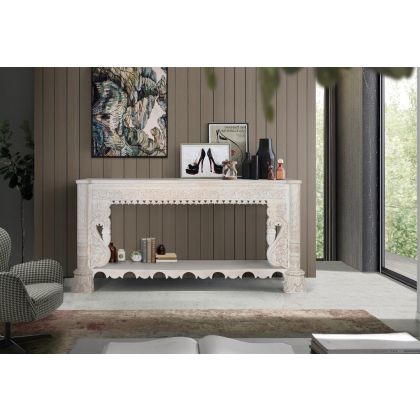 Consola Mango Macizo Blanco Envejecido Tallado, 180 Cm