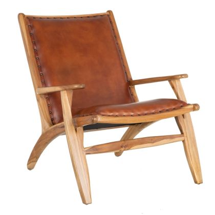 Sillón Nórdico piel Marrón Madera Teka, 68 Cm