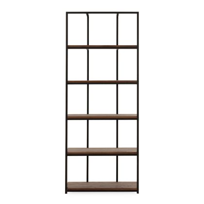 Estantería estilo industrial con una estructura de metal negro y baldas de madera de olmo nogal.