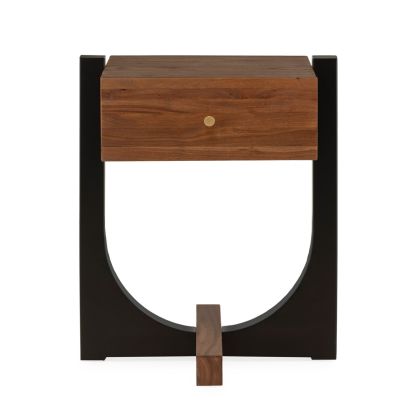 Mesita de Noche Clásica en Madera de Olmo marrón, Metal negro y detalles en dorado.