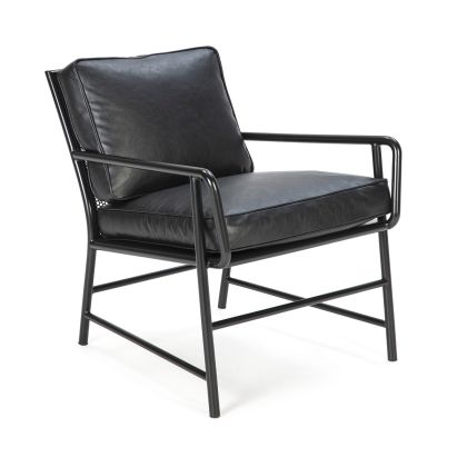 Sillón moderno en metal gris oscuro y dos cojines tapizados en piel sintética negra.
