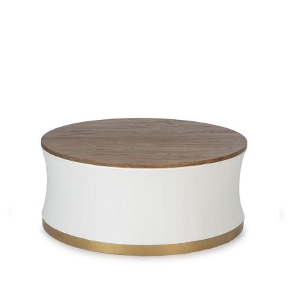 Mesa de centro redonda art decó en madera natural, blanco y metal dorado.