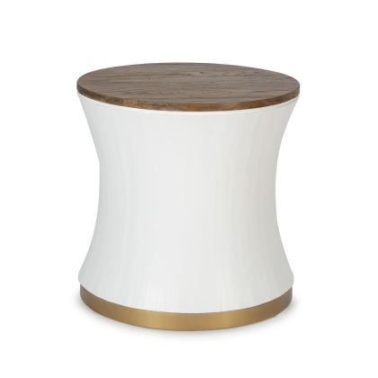 Mesa auxiliar redonda art decó en madera natural, blanco y metal dorado.