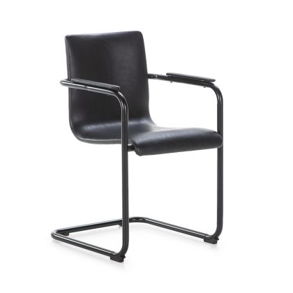 Silla moderna en metal y piel negro.