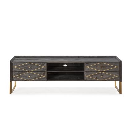 Mueble de TV art decó madera gris con detalles en dorado.