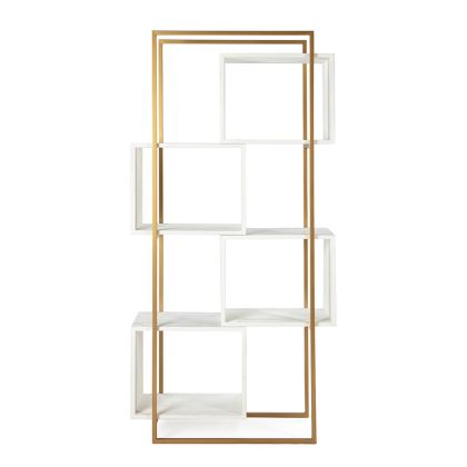 Estantería art decó en madera blanca y metal dorado con 5 compartimentos.