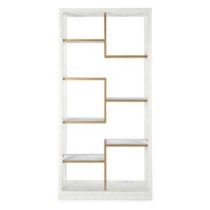 Estantería art decó en madera blanca y metal dorado con 6 compartimentos.