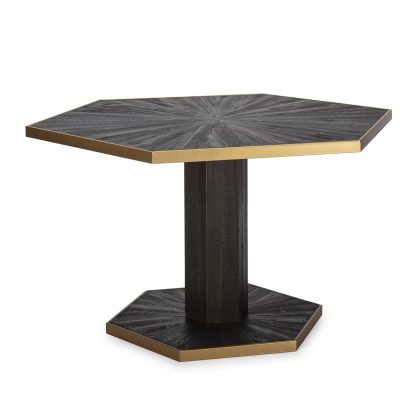 Mesa de comedor hexagonal art decó en madera gris ceniza y metal dorado.