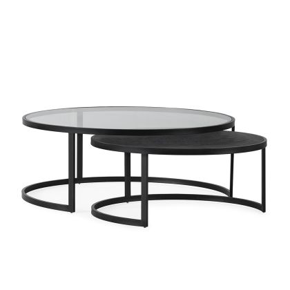 Coffee Table 110x100x42/85.5x85.5x37.5 Tempered Glass/Oak Wood/Metal -- Black
